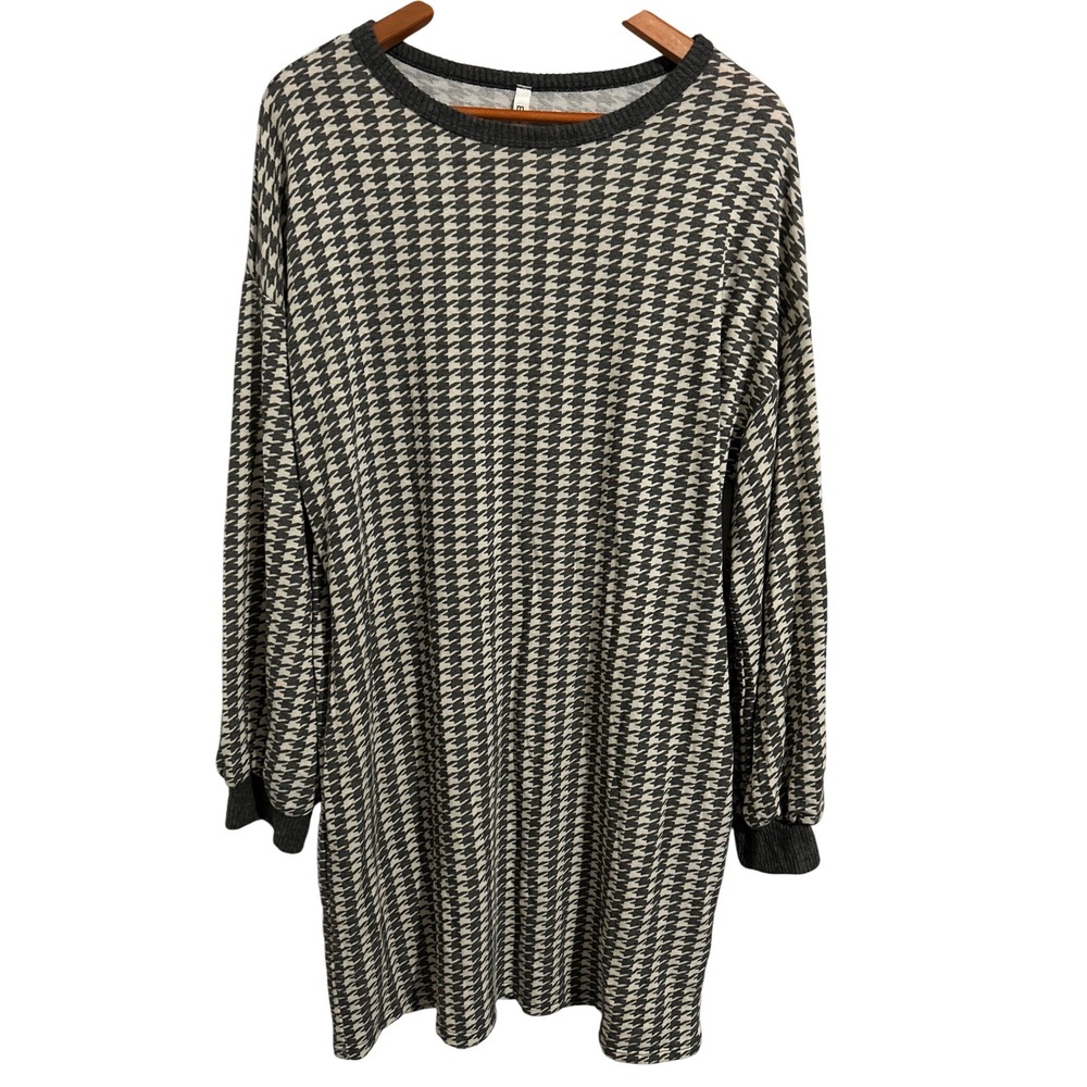 MTS Gray and Cream‎ Houndstooth Sweater Dress Balloon Long Sleeves Size Large